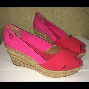 New Tory Burch Pink/Red Espadrille Wedge with Box